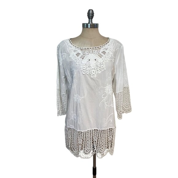 Chicos White Lace-Trim Tunic Top Size 2 Large 100% Cotton Embroidered - Picture 2 of 6
